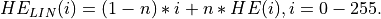 HE_{LIN}(i) = (1 - n) * i + n * HE(i), i=0-255.