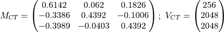 M_{CT} = \begin{pmatrix} 0.6142 & 0.062 & 0.1826\\ -0.3386 & 0.4392 & -0.1006\\
-0.3989 & -0.0403 & 0.4392 \end{pmatrix};\ V_{CT} = \begin{pmatrix} 256\\2048\\2048\end{pmatrix}